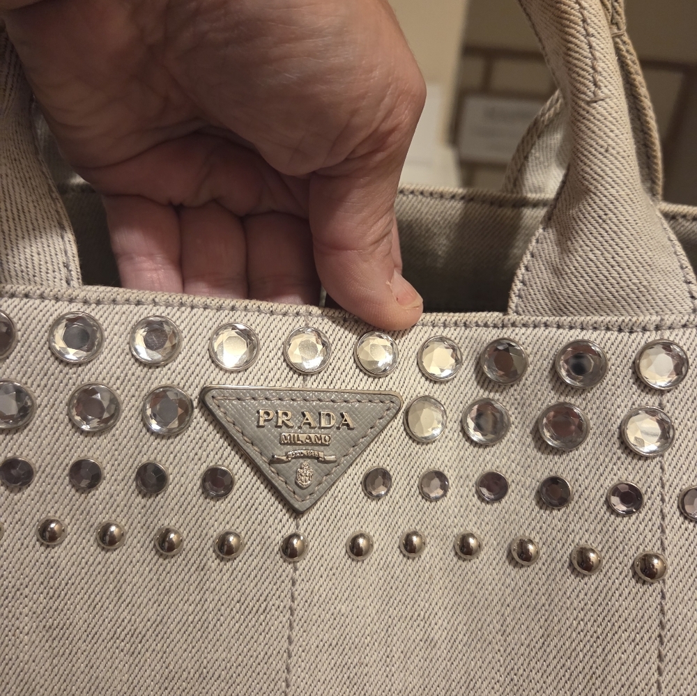 Prada Beige Studded Canapa Tote Women's Bag - Picture 3 of 13